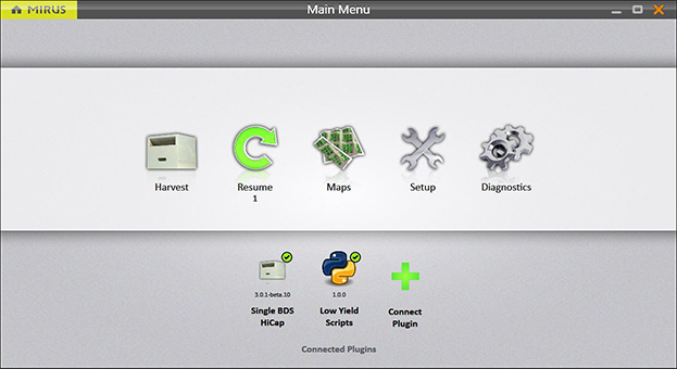 Mirus main menu with low yield scripts plugin connected.